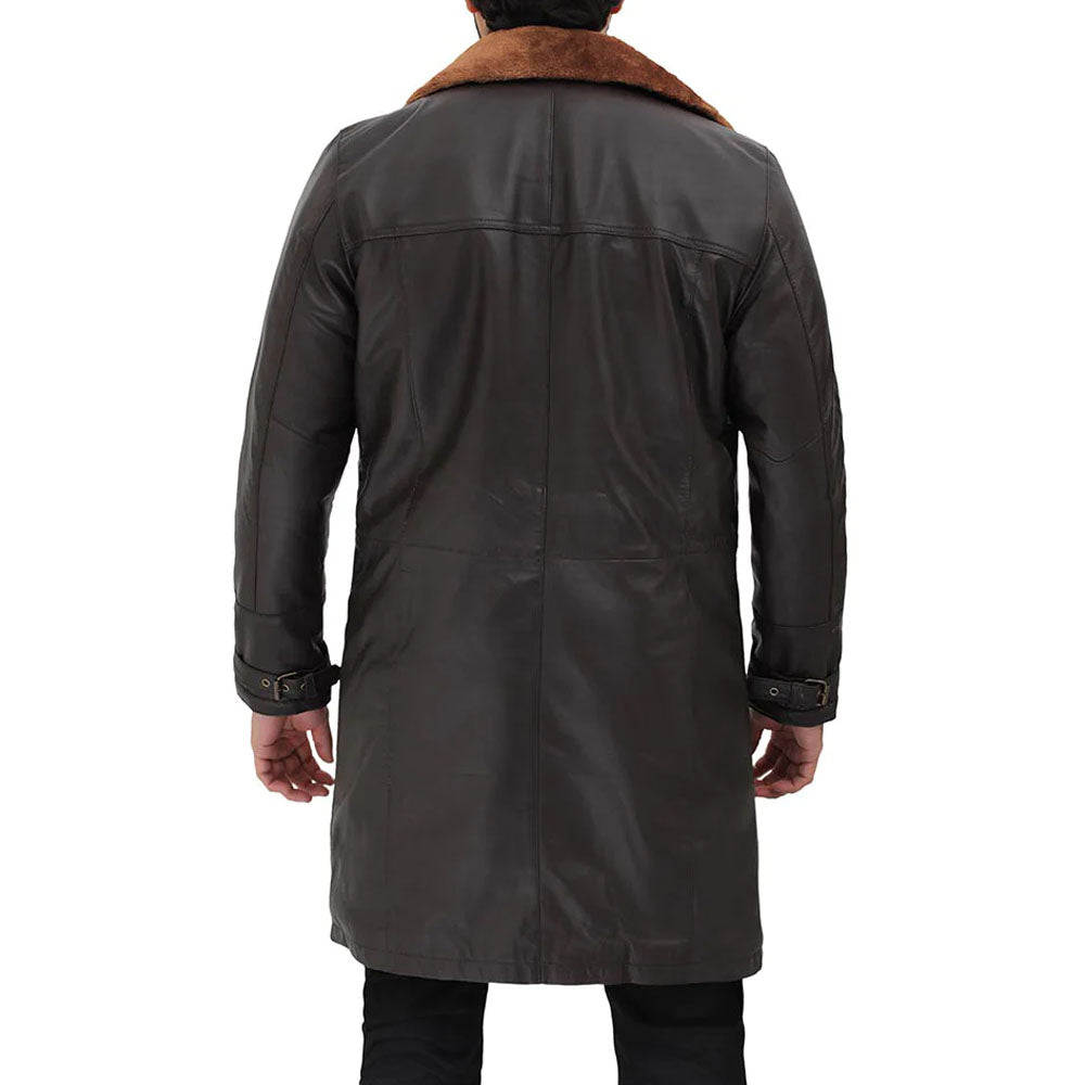 Men's Dark Brown Sheepskin Leather Coat with Shearling Collar & Lining