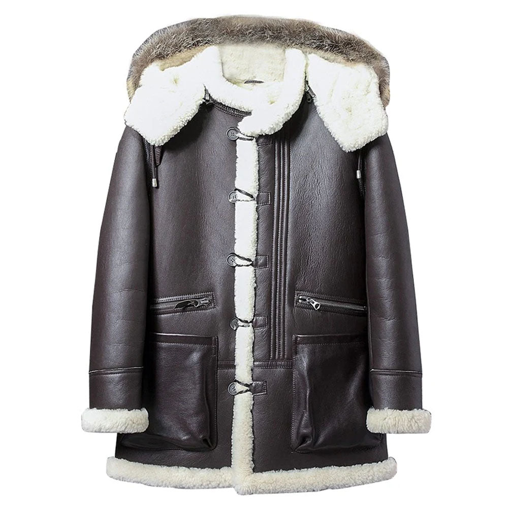 Men's Brown Leather Parka Coat with Removable Fox Fur Hood