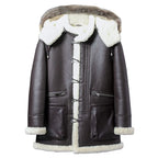 Men's Brown Leather Parka Coat with Removable Fox Fur Hood