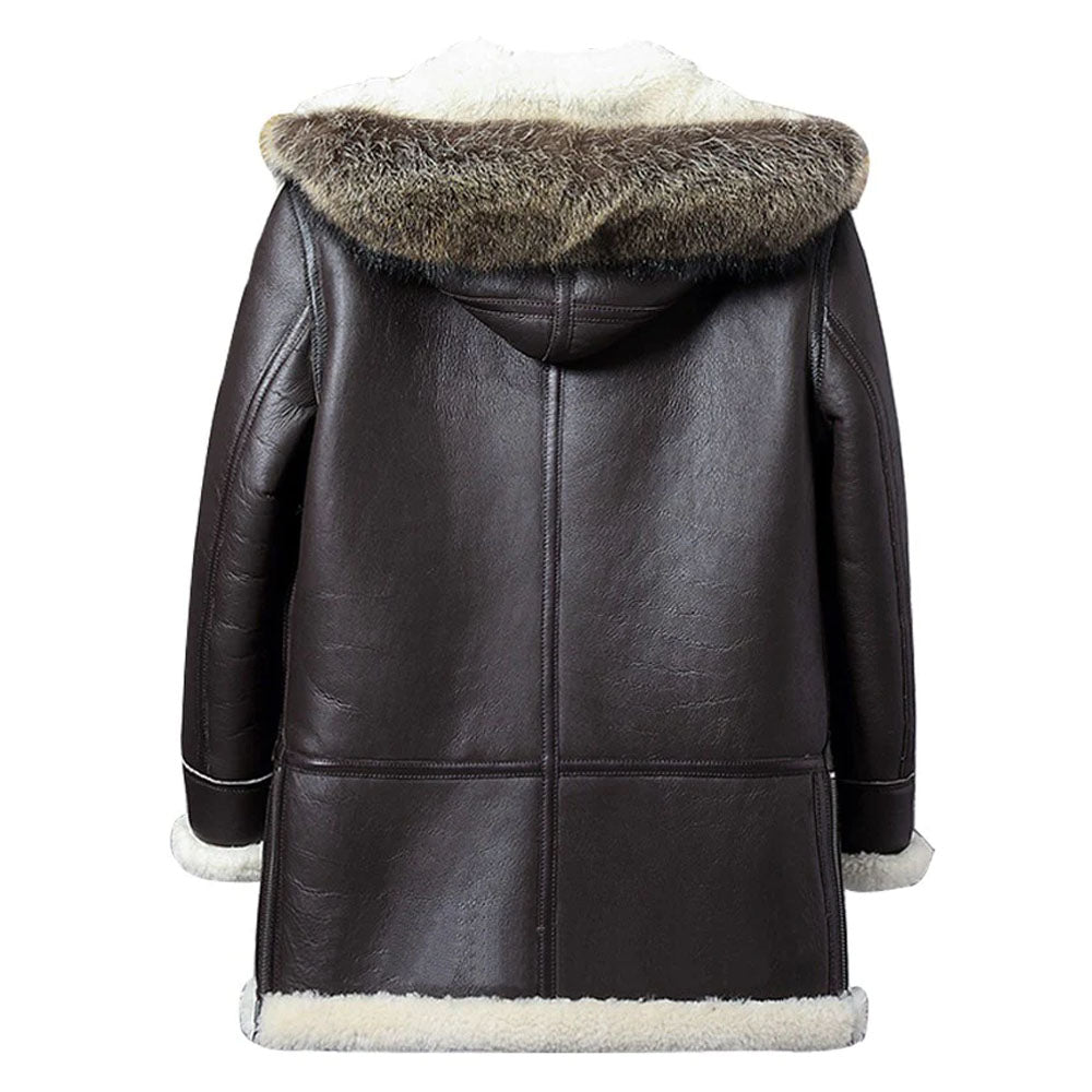 Men's Brown Leather Parka Coat with Removable Fox Fur Hood