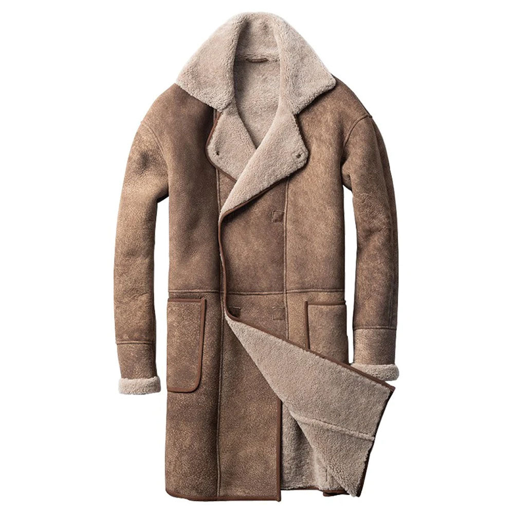 Vintage Brown Nubuck Trench Coat with Shearling Collar