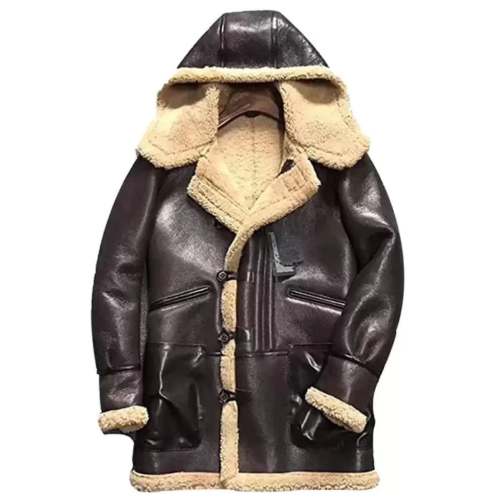 Men's Chocolate Brown Hooded B-3 Bomber Shearling Coat