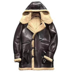 Men's Chocolate Brown Hooded B-3 Bomber Shearling Coat