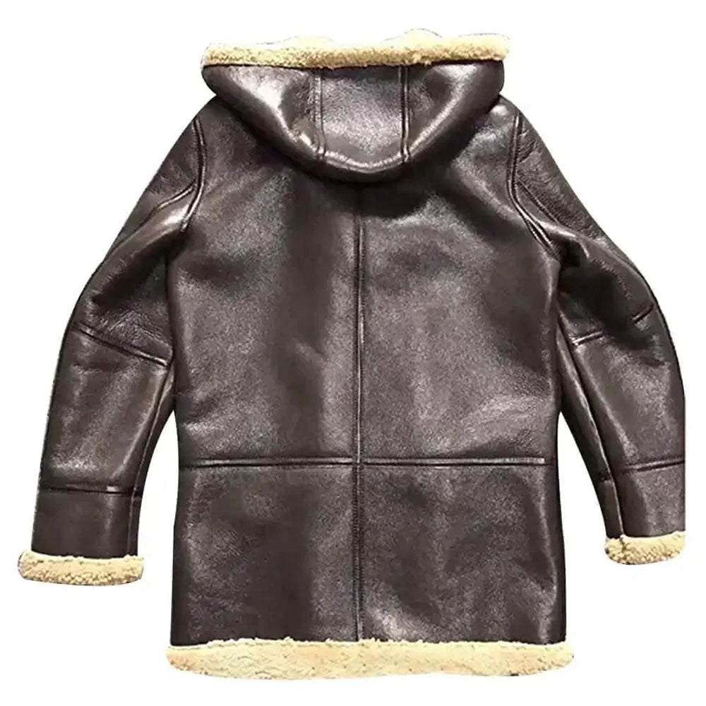 Men's Chocolate Brown Hooded B-3 Bomber Shearling Coat