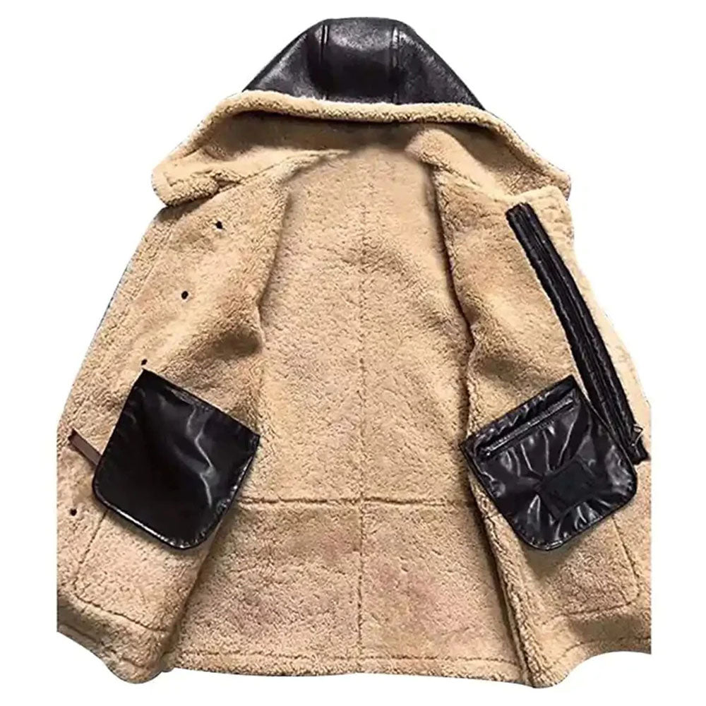 Men's Chocolate Brown Hooded B-3 Bomber Shearling Coat