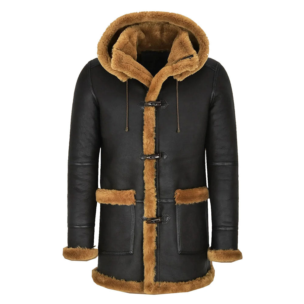 Men's Black Shearling Duffle Coat with Toggle Closures