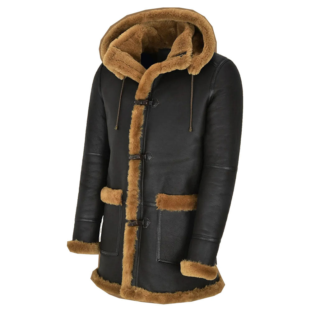 Men's Black Shearling Duffle Coat with Toggle Closures