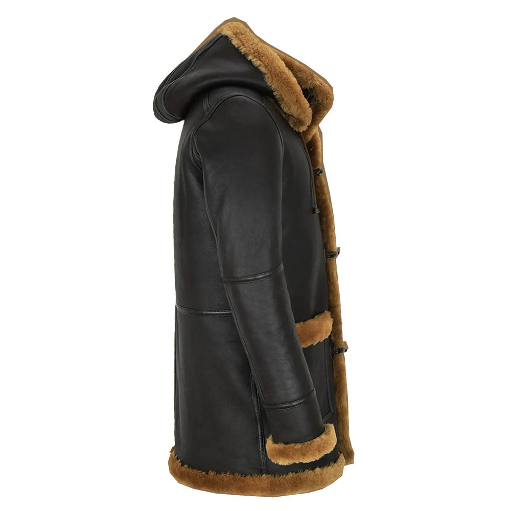 Men's Black Shearling Duffle Coat with Toggle Closures