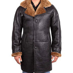 Men's Belted Shearling Collar Leather Car Coat