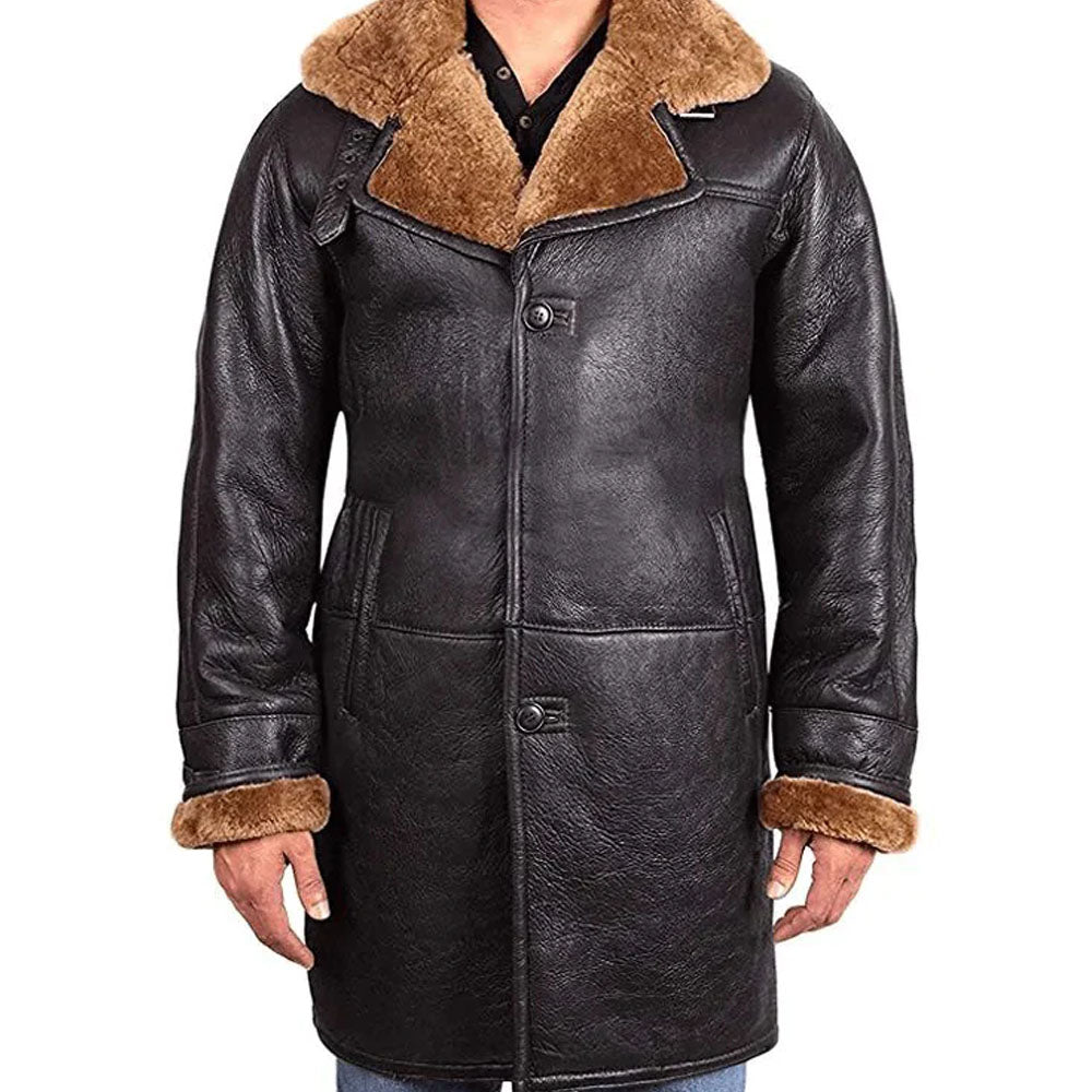 Men's Belted Shearling Collar Leather Car Coat