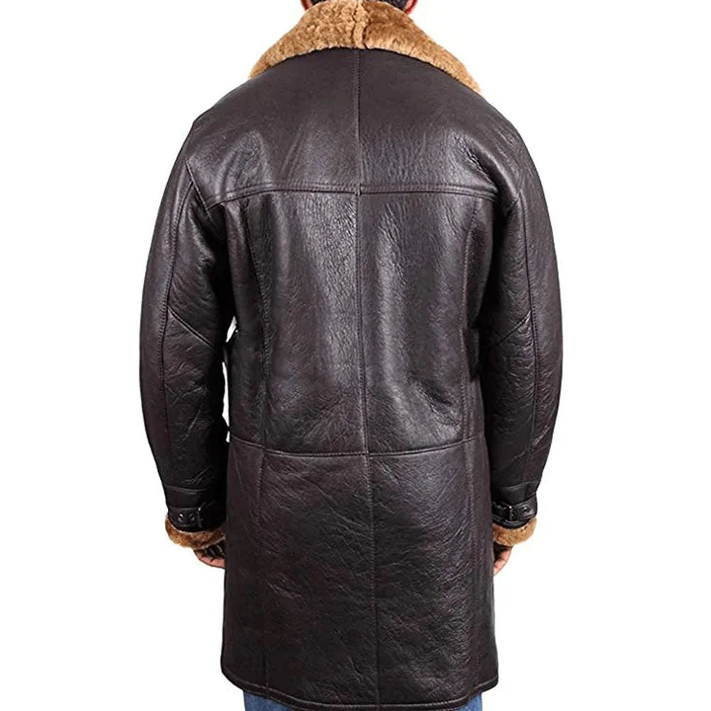 Men's Belted Shearling Collar Leather Car Coat