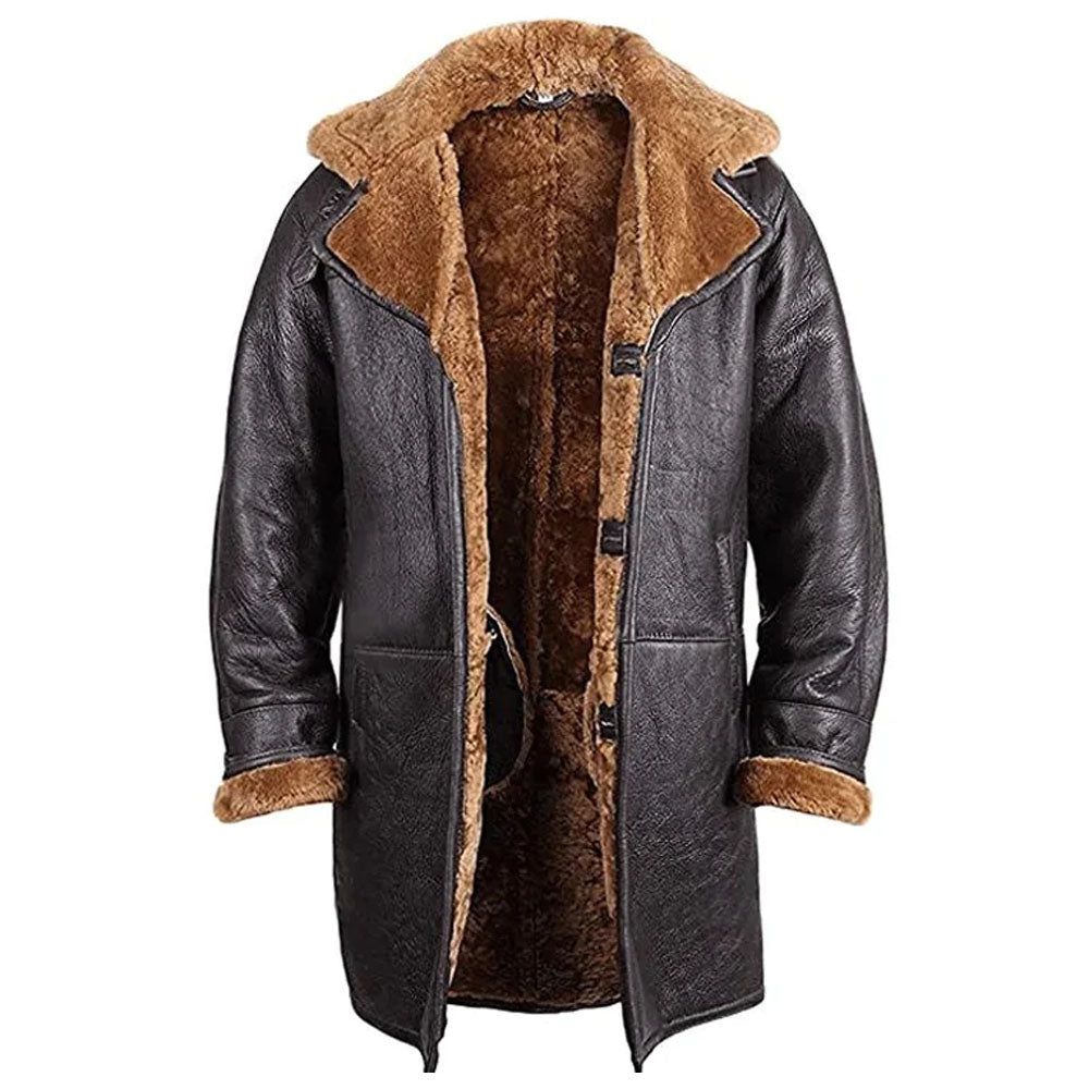 Men's Belted Shearling Collar Leather Car Coat