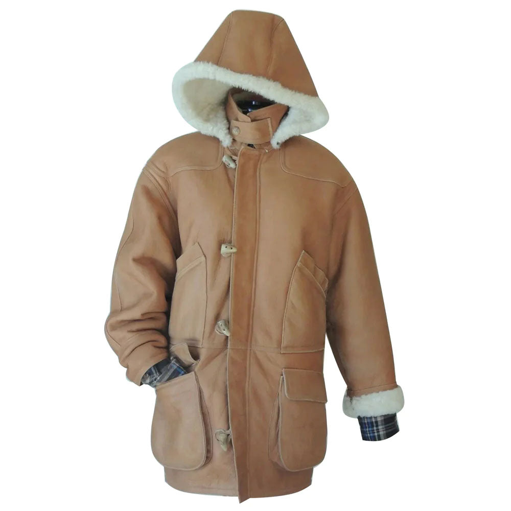 Men's Camel Shearling Toggle Coat with Removable Hood