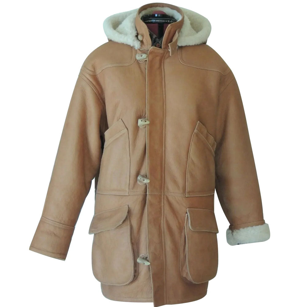 Men's Camel Shearling Toggle Coat with Removable Hood