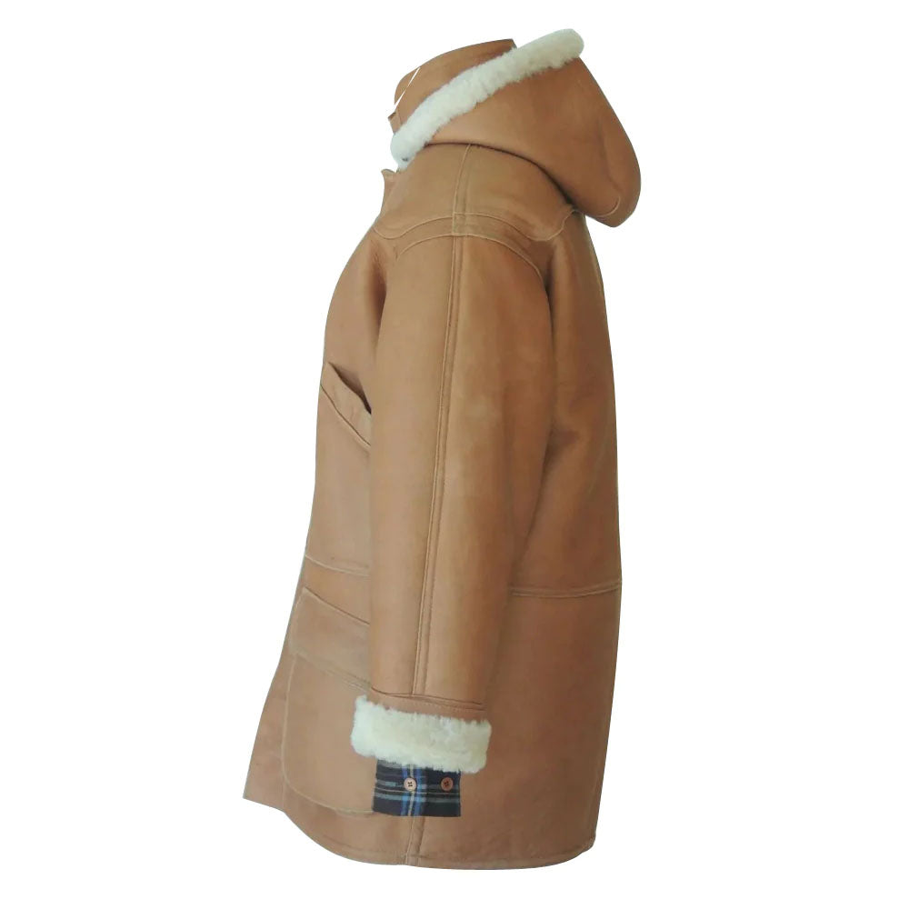 Men's Camel Shearling Toggle Coat with Removable Hood