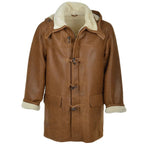 Men's Brown Toggle-Front Shearling Coat with Detachable Hood