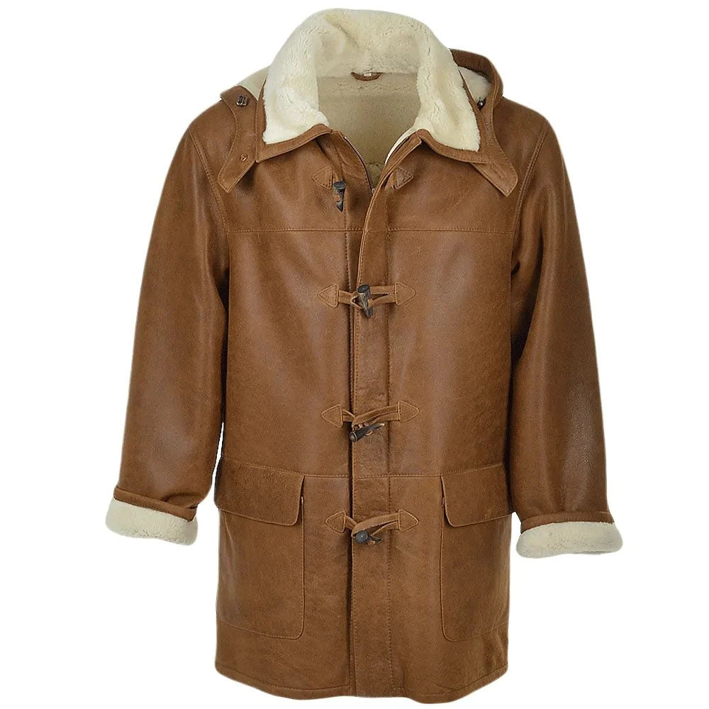 Men's Brown Toggle-Front Shearling Coat with Detachable Hood