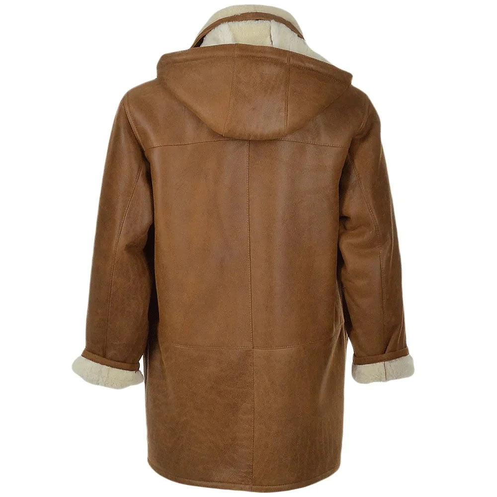 Men's Brown Toggle-Front Shearling Coat with Detachable Hood