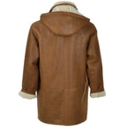 Men's Brown Toggle-Front Shearling Coat with Detachable Hood