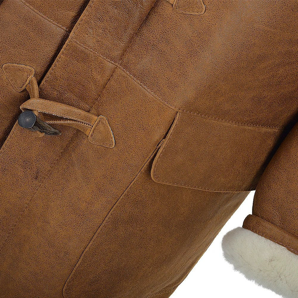 Men's Brown Toggle-Front Shearling Coat with Detachable Hood