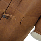 Men's Brown Toggle-Front Shearling Coat with Detachable Hood