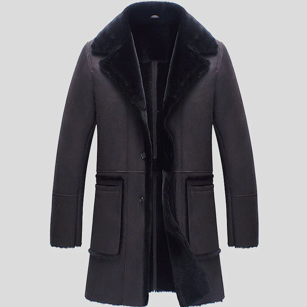 Men's Dark Brown Leather Coat with Full Shearling Front Trim
