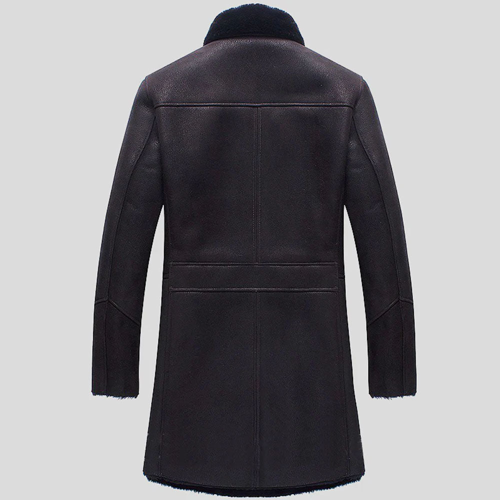 Men's Dark Brown Leather Coat with Full Shearling Front Trim