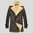 Men's Dark Brown Sheepskin Officer's Coat with Epaulette Straps