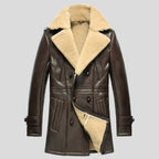 Men's Dark Brown Sheepskin Officer's Coat with Epaulette Straps