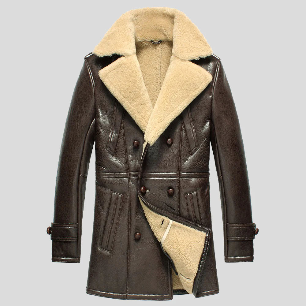 Men's Dark Brown Sheepskin Officer's Coat with Epaulette Straps