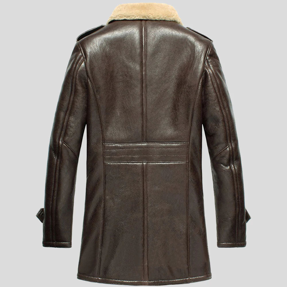 Men's Dark Brown Sheepskin Officer's Coat with Epaulette Straps