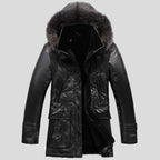 Men's Fox Fur Hood Shearling Trapper Coat – Genuine Burnished Leather Winter Parka