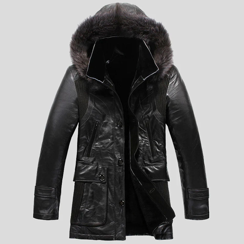 Men's Fox Fur Hood Shearling Trapper Coat – Genuine Burnished Leather Winter Parka