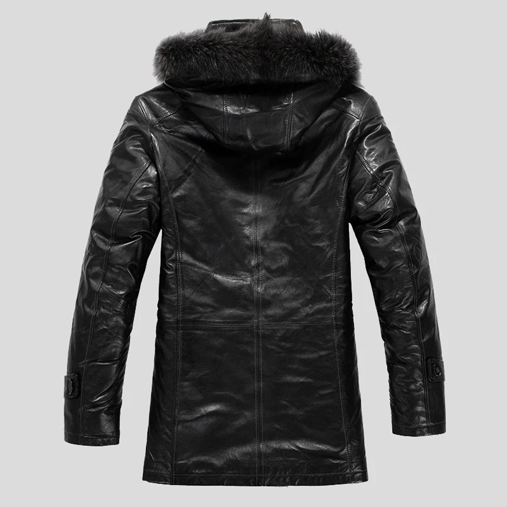 Men's Fox Fur Hood Shearling Trapper Coat – Genuine Burnished Leather Winter Parka