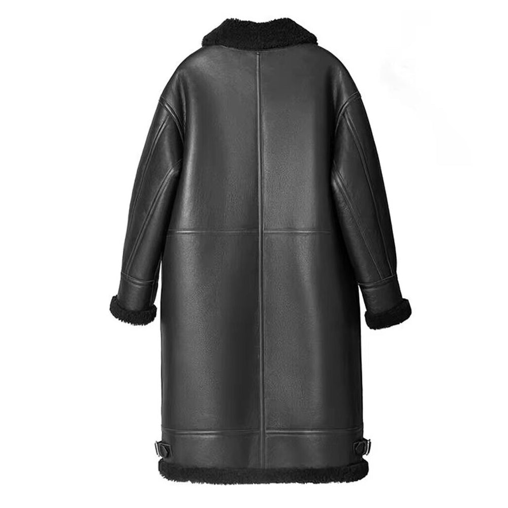 Men's B3 Shearling Sheepskin Jacket Trench Coat Black Leather Jacket Winter Coat