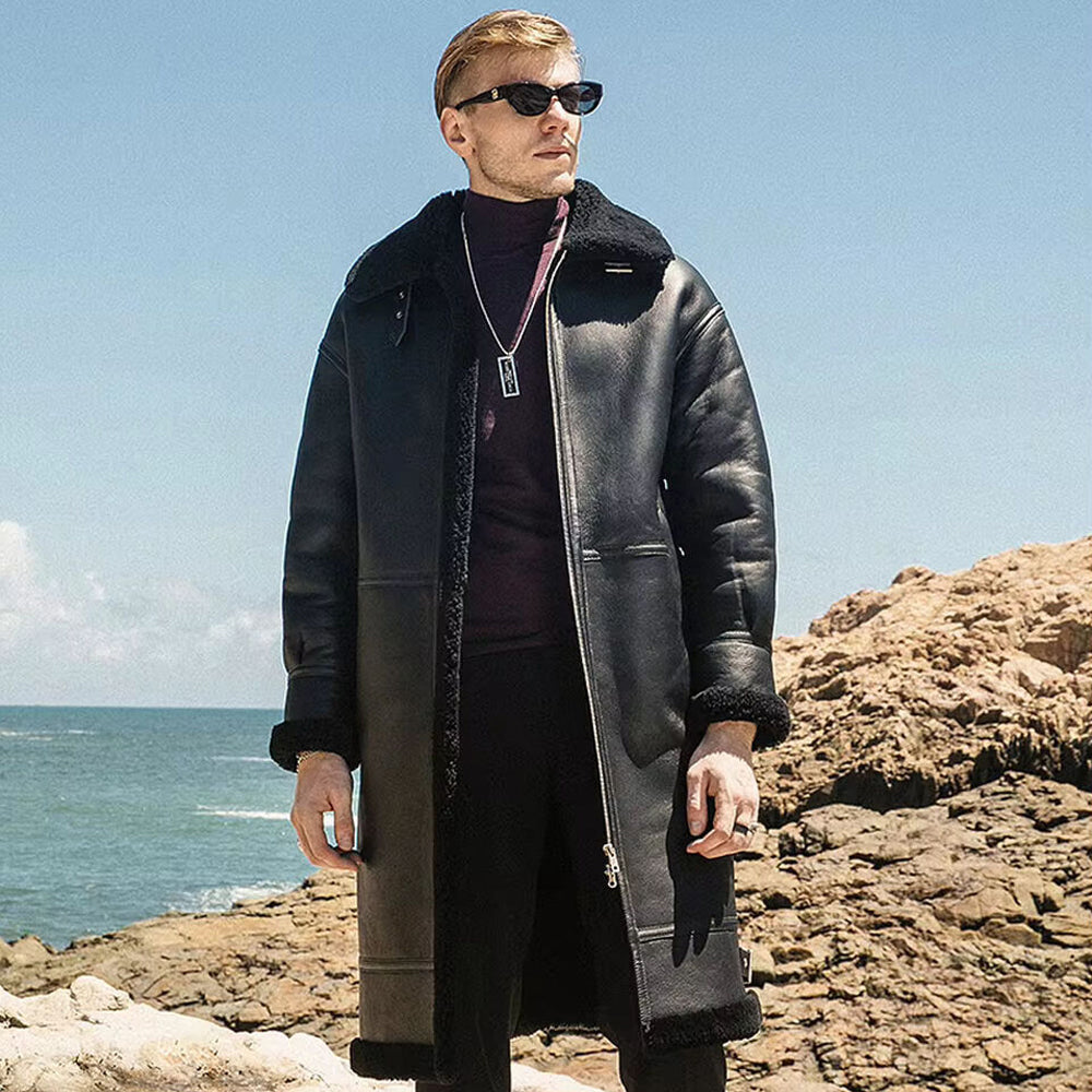 Men's B3 Shearling Sheepskin Jacket Trench Coat Black Leather Jacket Winter Coat