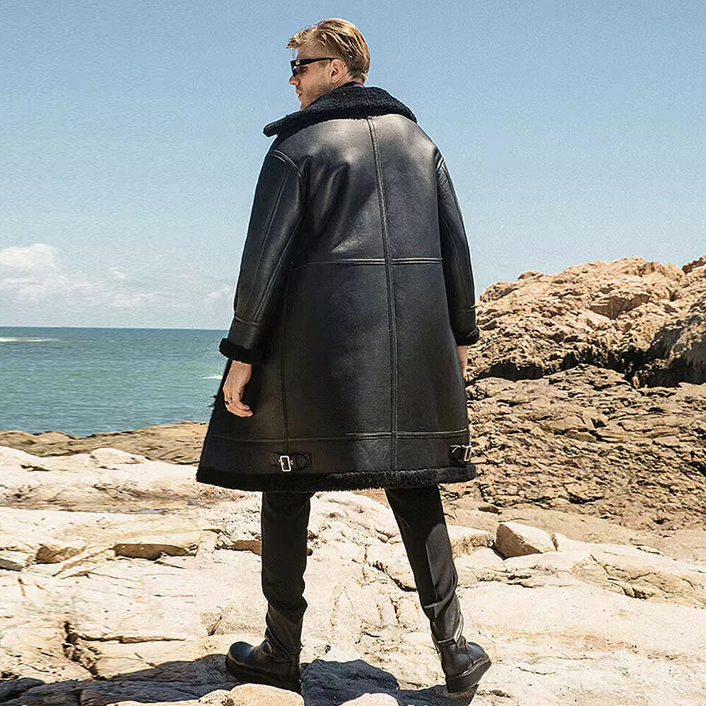 Men's B3 Shearling Sheepskin Jacket Trench Coat Black Leather Jacket Winter Coat
