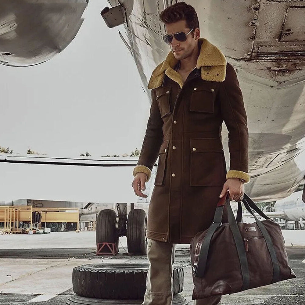 Men's Tobacco Brown Shearling Cargo Trench Coat