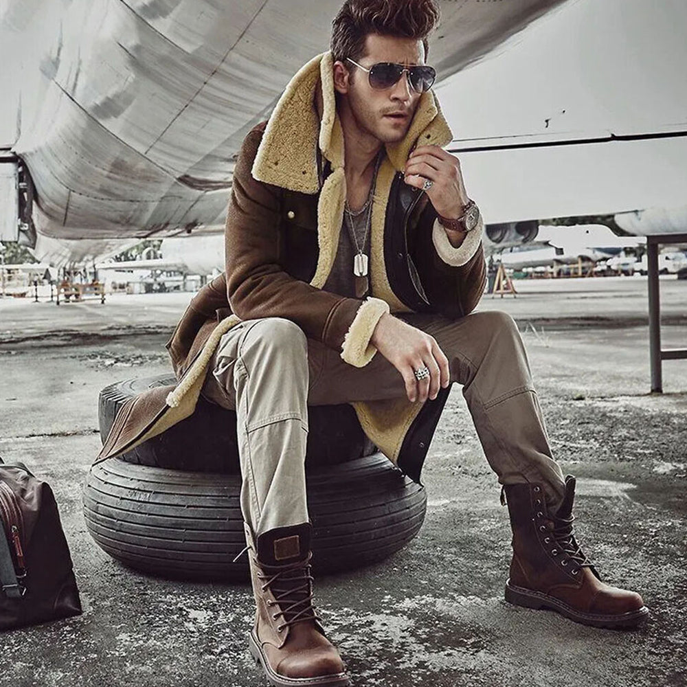 Men's Tobacco Brown Shearling Cargo Trench Coat