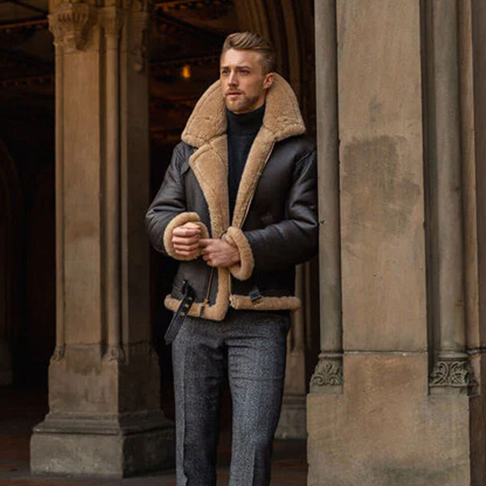 Men's Aviator Vintage Real Leather Flight Jacket B3 Brown Sheepskin Shearling Coat