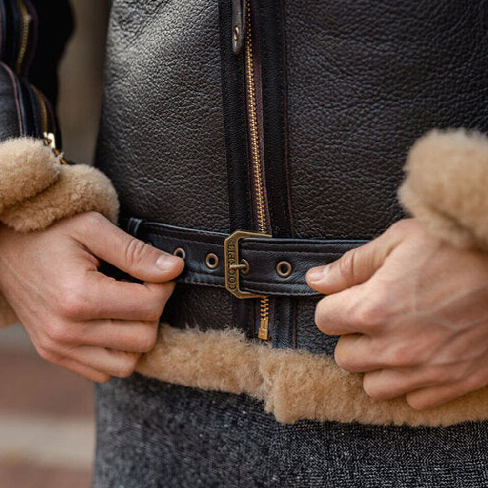 Men's Aviator Vintage Real Leather Flight Jacket B3 Brown Sheepskin Shearling Coat