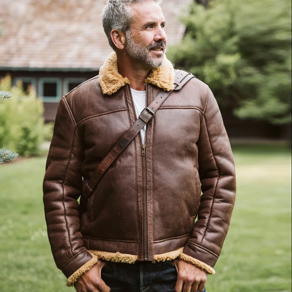 Men's Brown Sheepskin Aviator B3 Shearling Leather Jacket