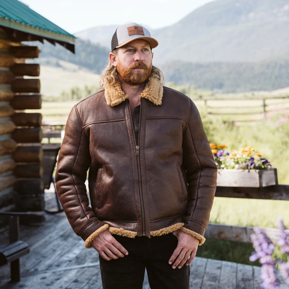 Men's Brown Sheepskin Aviator B3 Shearling Leather Jacket