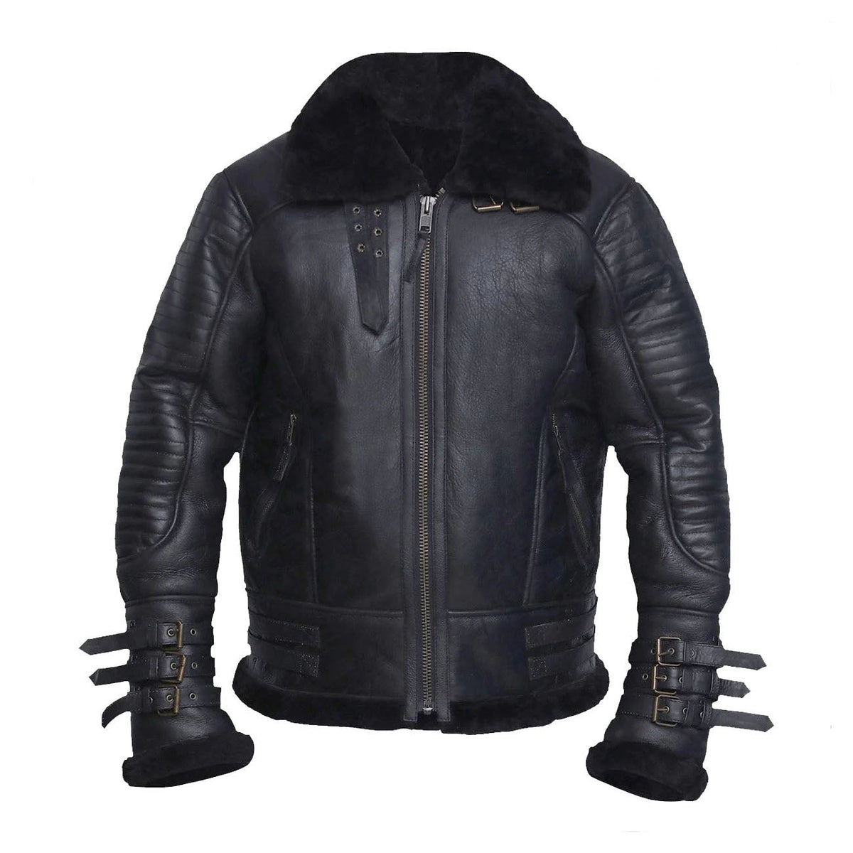 Men Sheepskin Aviator Bomber Biker Flying Airforce Black Shearling Leather Jacket