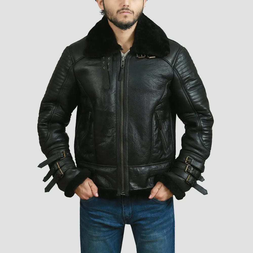 Men Sheepskin Aviator Bomber Biker Flying Airforce Black Shearling Leather Jacket