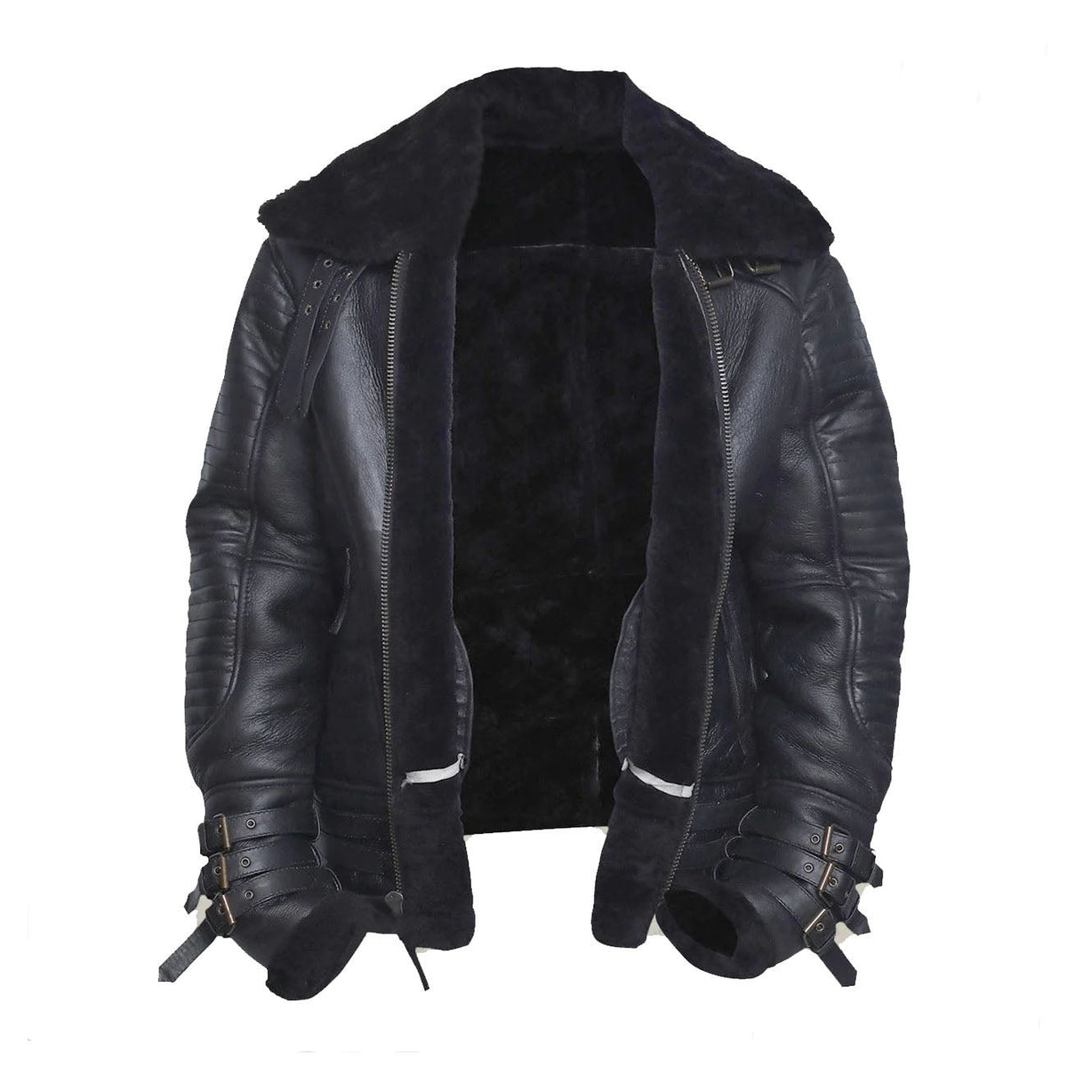 Men Sheepskin Aviator Bomber Biker Flying Airforce Black Shearling Leather Jacket