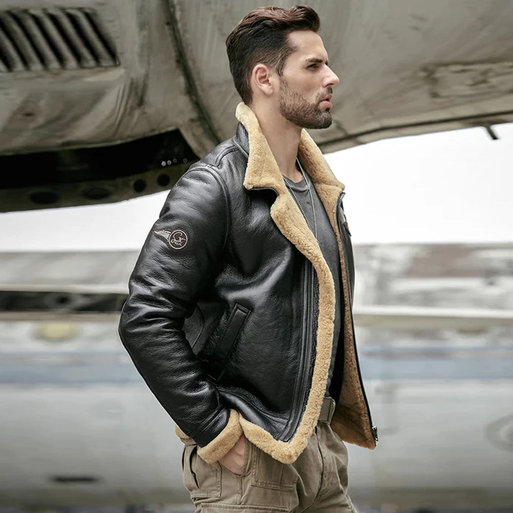 Black Aviator RAF Airforce Sheepskin Shearling Leather Jacket For Men