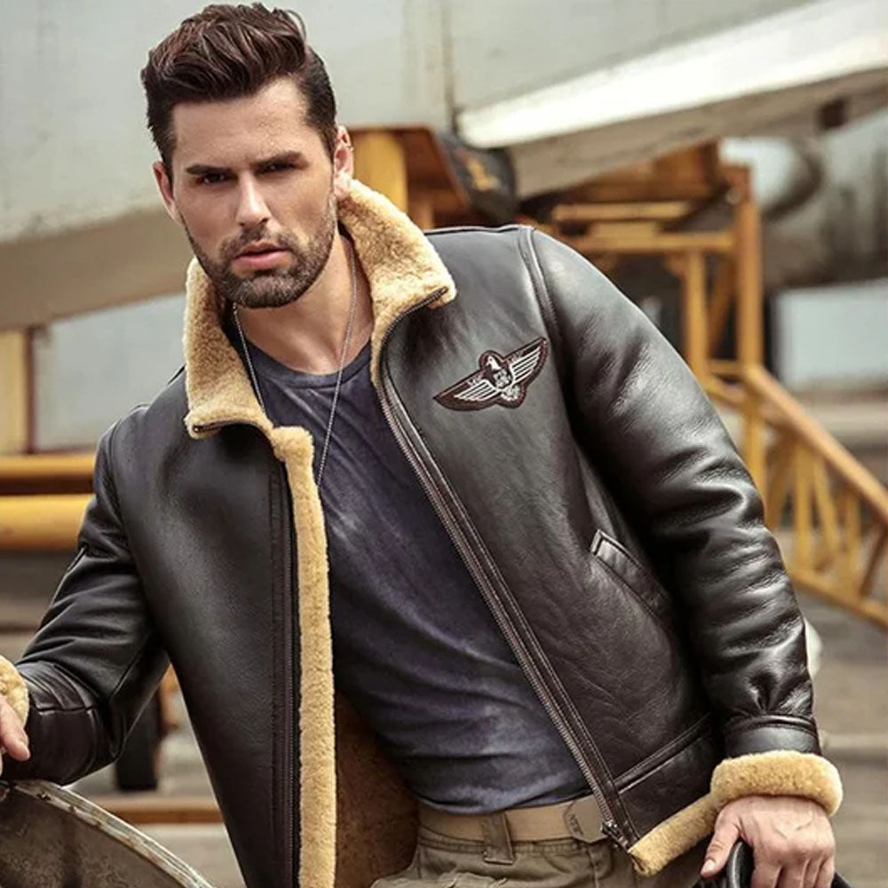 Brown Aviator RAF Airforce Sheepskin Shearling Leather Jacket For Men
