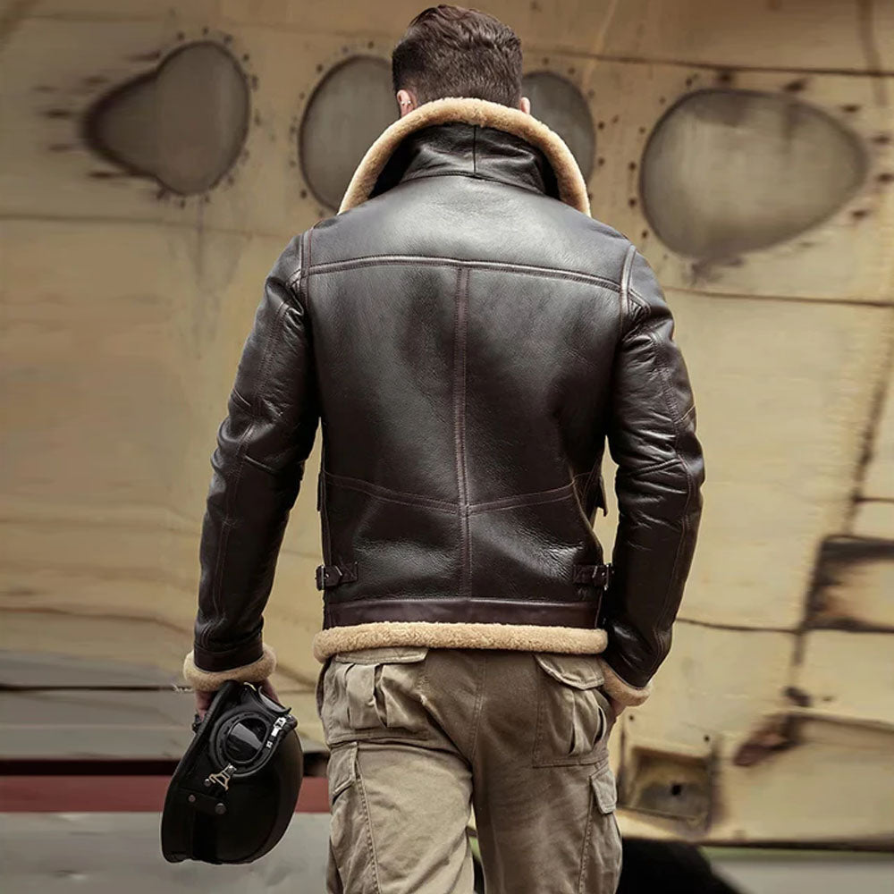 Brown Flight B3 Sheepskin Shearling Leather Jacket Coat For Men