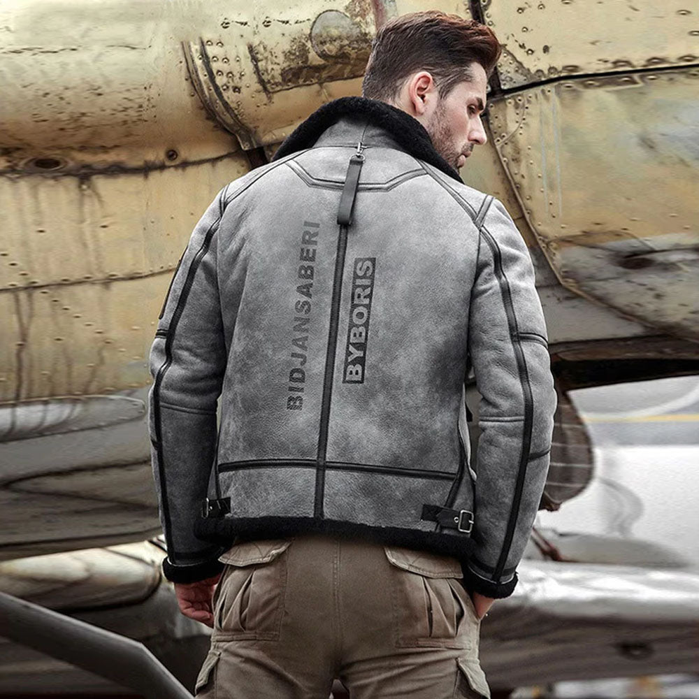 Men’s Grey Distressed B3 Shearling Aviator Jacket